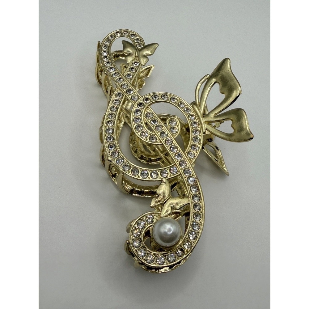 Treble Clef Hair Clip Sparkly Rhinestone Metal Gold Tone Butterfly Teacher Gift